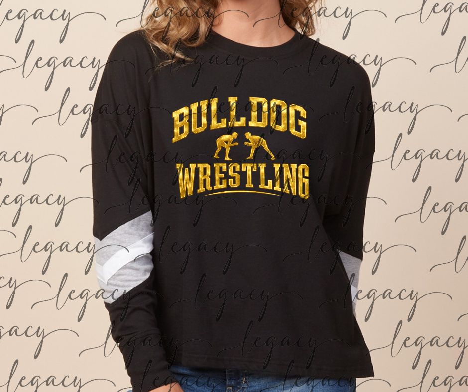 Bulldogs 2025 Gold Foil Varsity Sleeve Womens Top