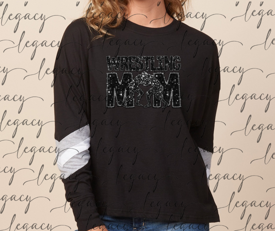 Wrestling MOM Faux Glitter Wrestling 2025 Varsity Sleeve Women's Boxy Top Wrestling 2025