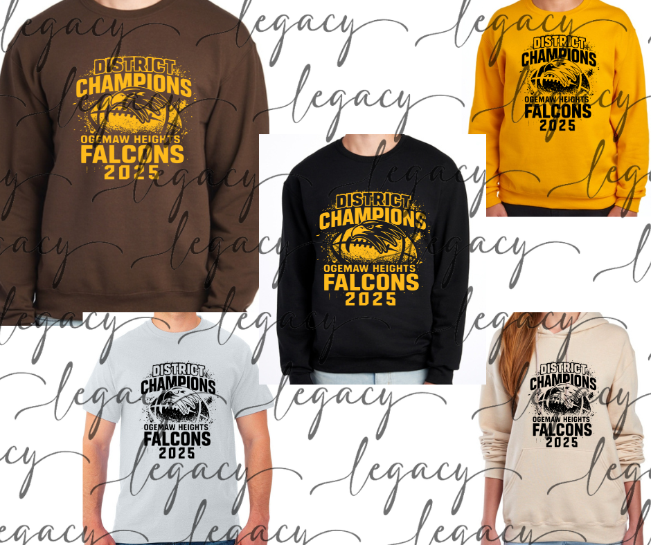 2025 Falcon Football DISTRICT CHAMPS Cotton/Poly Blend Multi Color Top Options