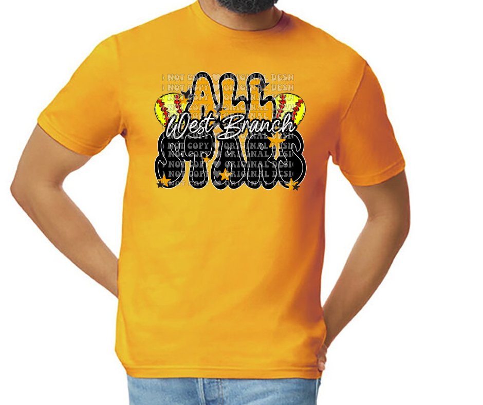 West Branch Allstars 2025 SOFTBALL Black Gold Grey Top Options