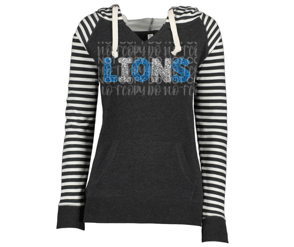 Lions Football Faux Glitter Word Striped Sleeves Hoodie Top Options One Pride