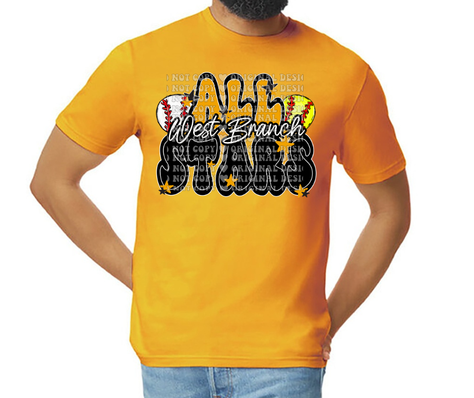 West Branch Allstars 2025 BASEBALL & SOFTBALL Black Gold Grey Top Options