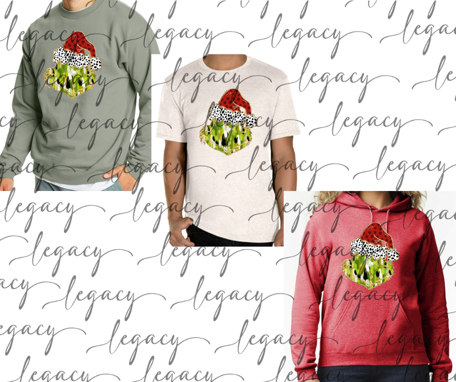 Painted Green Guy Face Cotton/Poly Blend Multi Color Top Options Holiday Magic Red Green Cream Grey Black