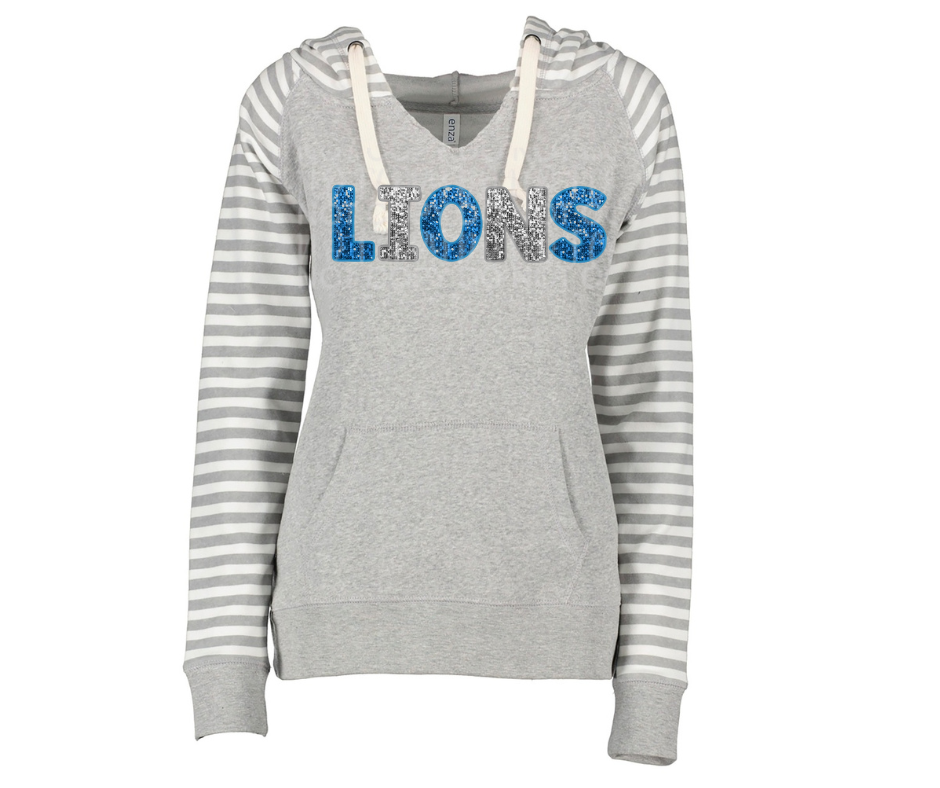 Lions Football Faux Glitter Word Striped Sleeves Hoodie Top Options One Pride