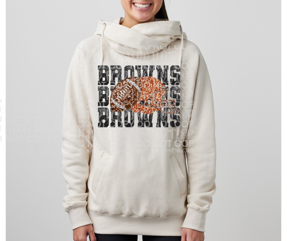 Ogemaw Browns 2025 Stacked Faux Glitter Browns Football Helmet Cowl Neck Top Options