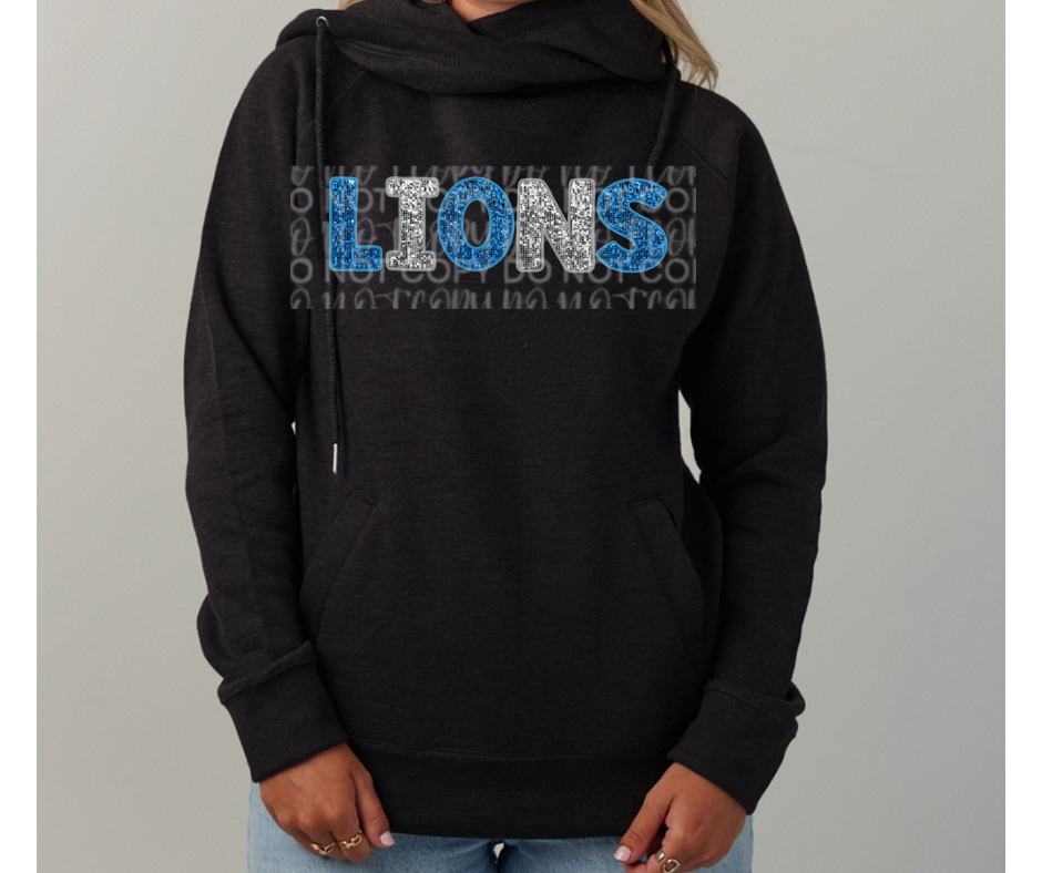 Lions Football Faux Glitter Word Cowl Neck Top Options One Pride
