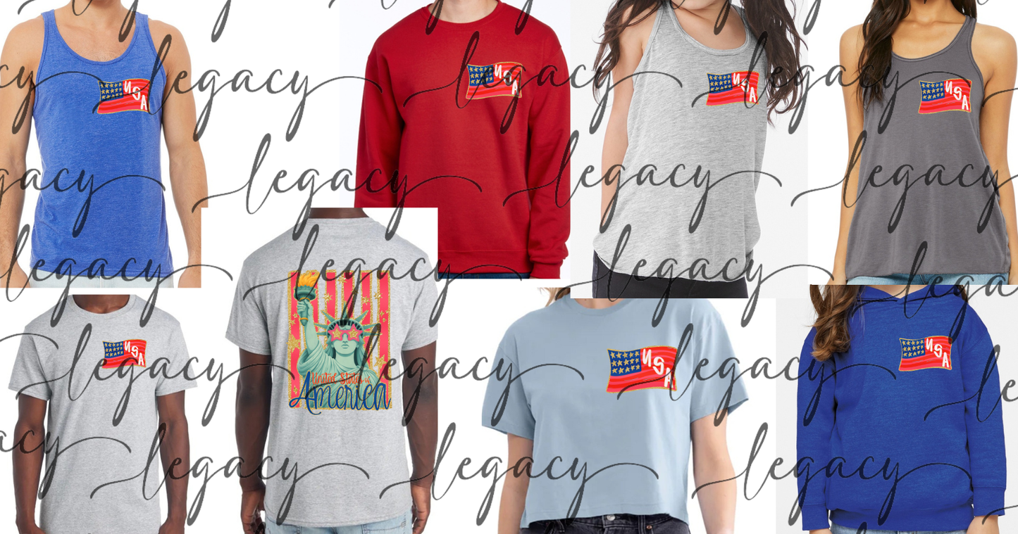 USA Flag Lady Liberty Front & back design 4th Red White & Blue American Pride America Freedom