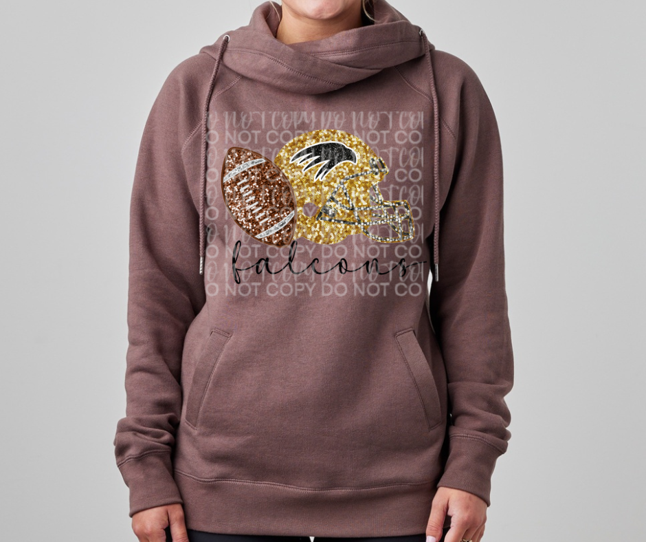 Ogemaw Falcon Football FAUX Glitter Helmet Football Cowl Neck Top Options Falcon Sports