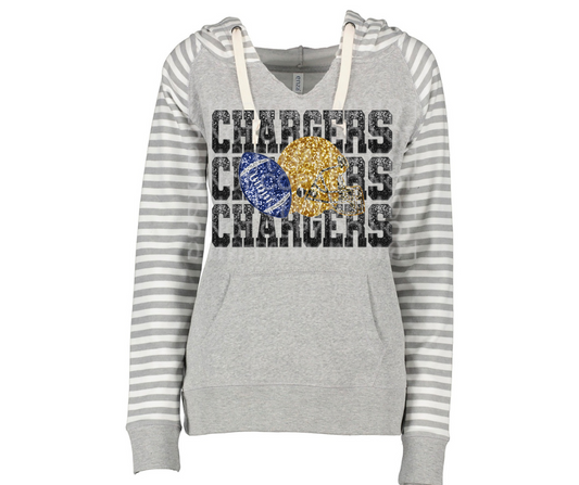 Chargers Stacked Faux Glitter Football Striped Sleeves Hoodie Top Options Mio Chargers 2025