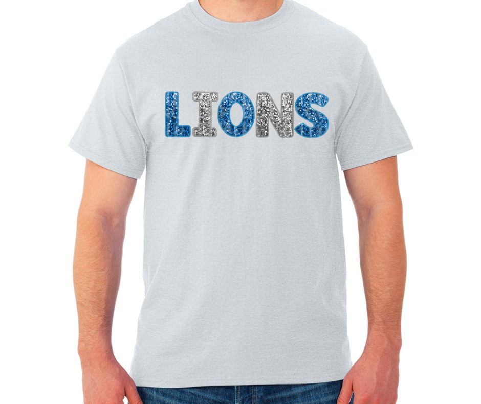 Lions Football Faux Glitter Word Grey Black Top Options One Pride