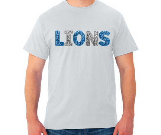 Lions Football Faux Glitter Word Grey Black Top Options One Pride