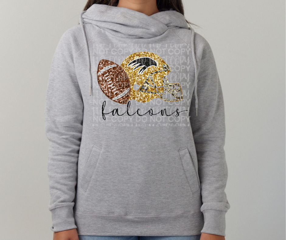 Ogemaw Falcon Football FAUX Glitter Helmet Football Cowl Neck Top Options Falcon Sports