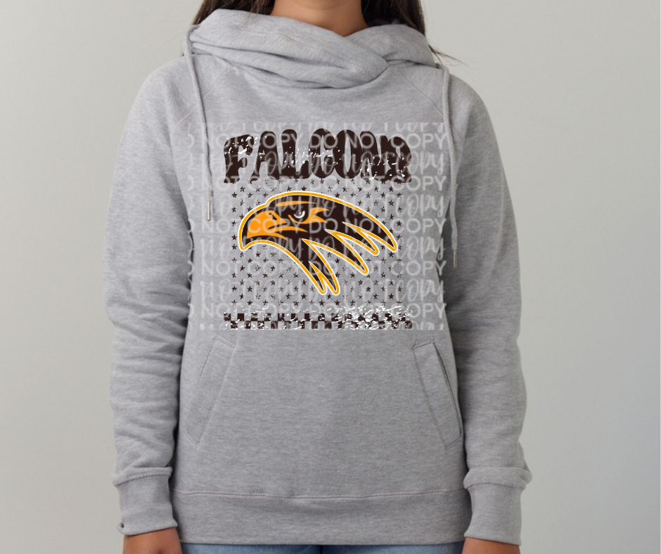 Ogemaw Falcons 2025 Distressed Falcons Stars Logo Cowl Neck Top Options