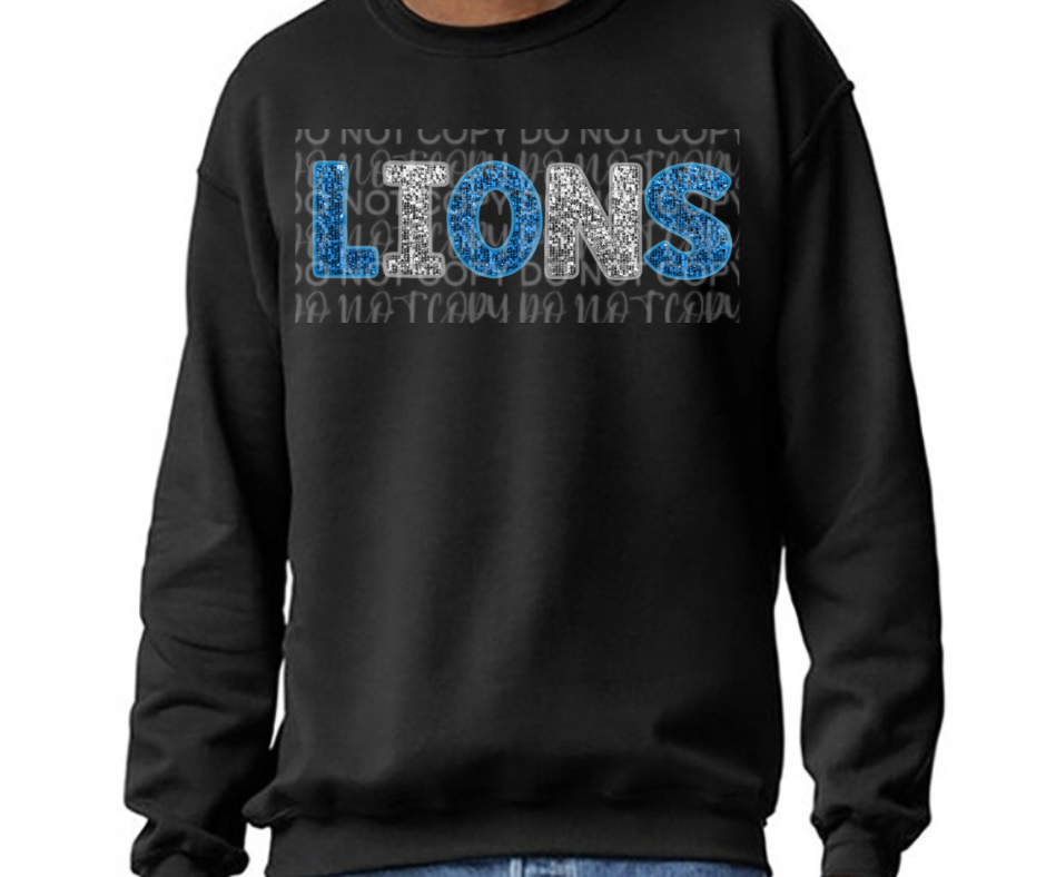 Lions Football Faux Glitter Word Grey Black Top Options One Pride