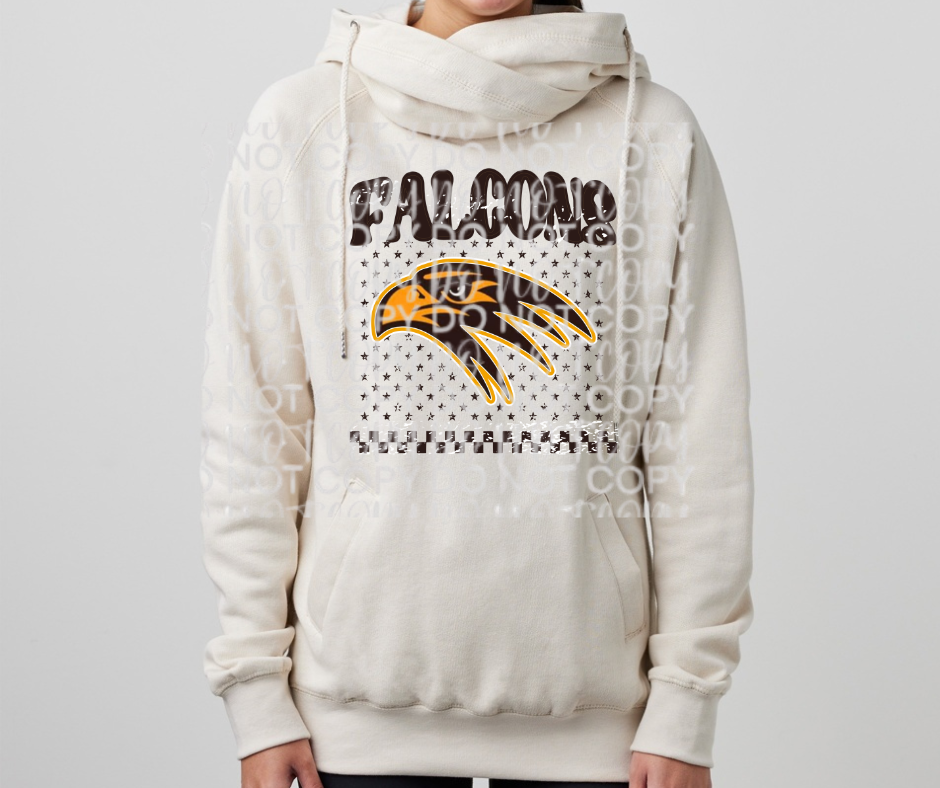 Ogemaw Falcons 2025 Distressed Falcons Stars Logo Cowl Neck Top Options