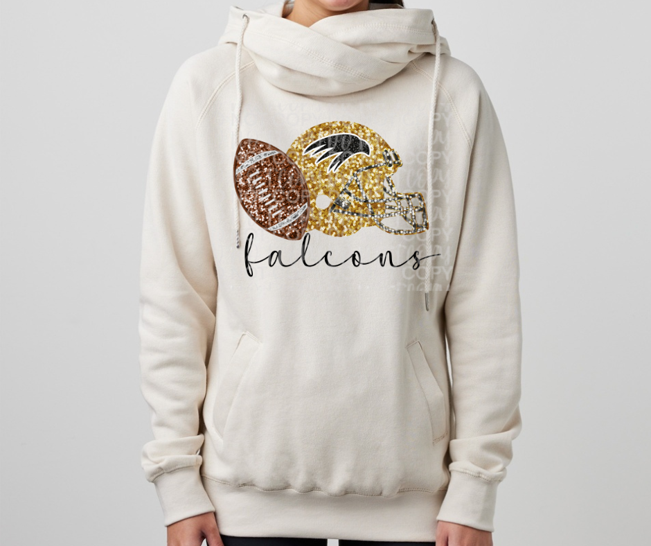 Ogemaw Falcon Football FAUX Glitter Helmet Football Cowl Neck Top Options Falcon Sports