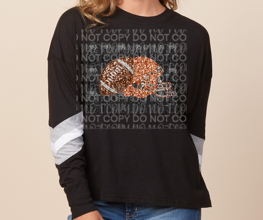 Browns Football Stacked Faux Glitter Browns Football Helmet Long Sleeve Color Block Top Ogemaw Browns 2025
