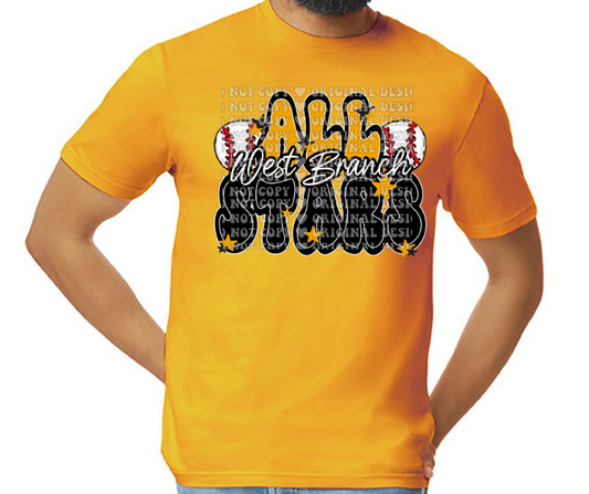West Branch Allstars 2025 BASEBALL Black Gold Grey Top Options