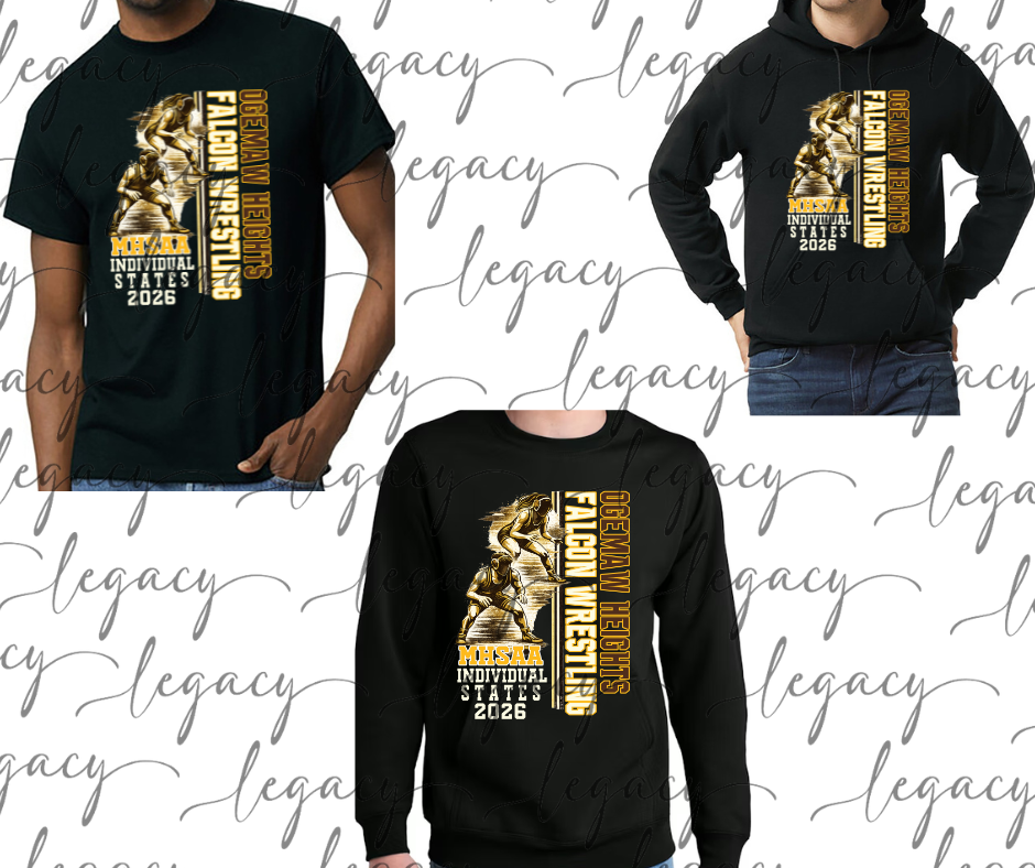 OHHS Falcon Wrestling Individual States Cotton/Poly Blend Adult Youth Top Options