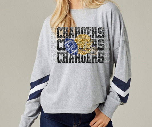 Chargers Stacked Faux Glitter football Long Sleeve Color Block Top Mio Chargers 2025
