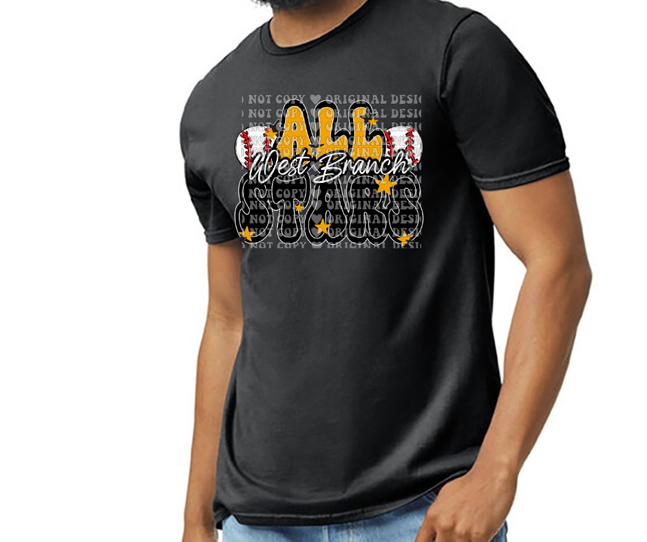 West Branch Allstars 2025 BASEBALL Black Gold Grey Top Options