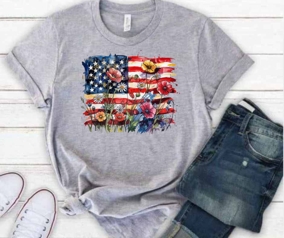 Floral Flag Watercolor 4th Red White & Blue American Pride America Freedom