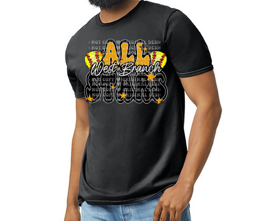 West Branch Allstars 2025 SOFTBALL Black Gold Grey Top Options