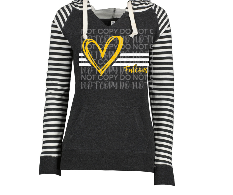 Falcons yellow heart white lines Striped Sleeves Hoodie Top Options Ogemaw Falcons 2025