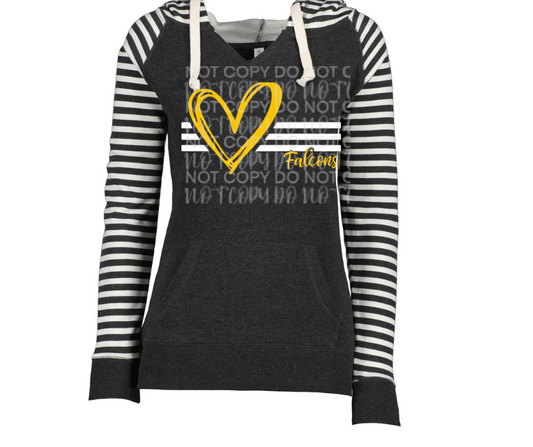 Falcons yellow heart white lines Striped Sleeves Hoodie Top Options Ogemaw Falcons 2025