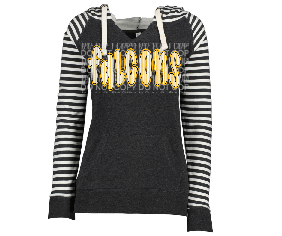 Falcons yellow lettering Striped Sleeves Hoodie Top Options Ogemaw Falcons 2025