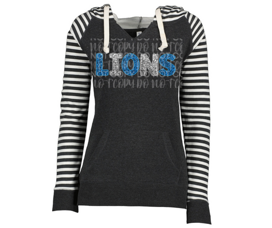 Lions Football Faux Glitter Word Striped Sleeves Hoodie Top Options One Pride