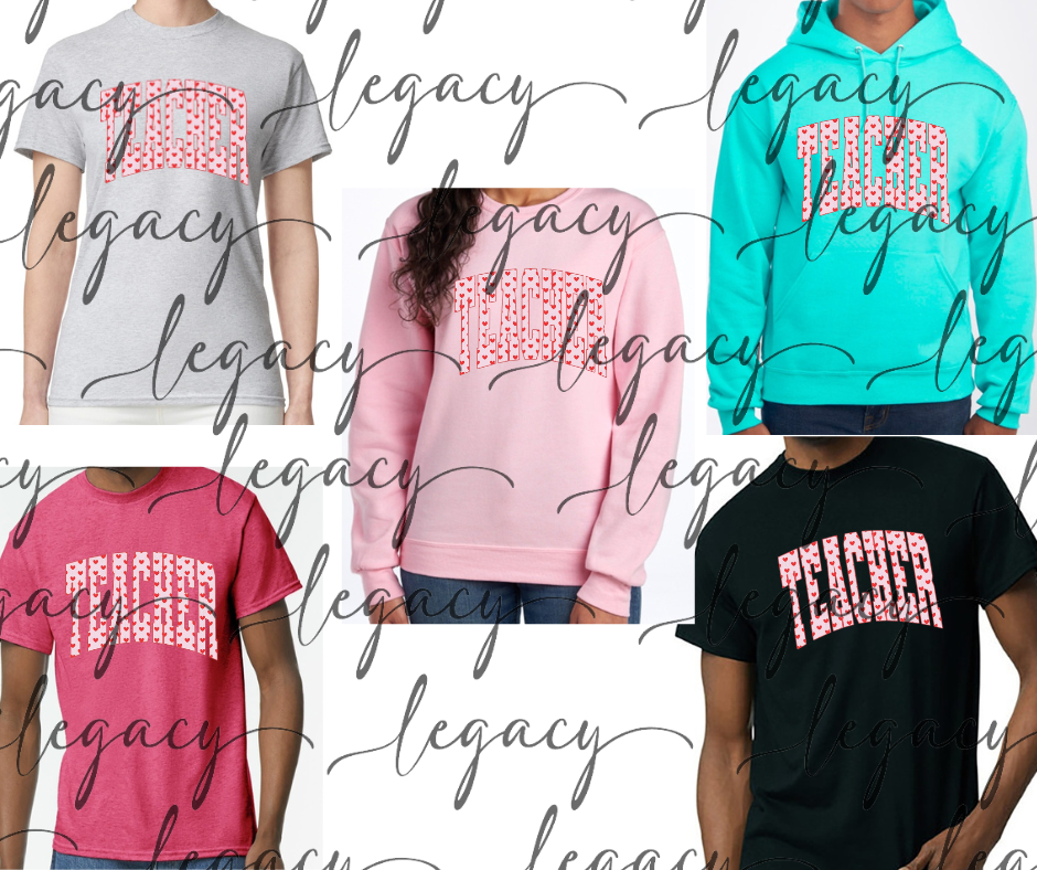 Teacher word tiny hearts Vday Valentines 2026 Cotton/Poly Blend Multi Color Top Options