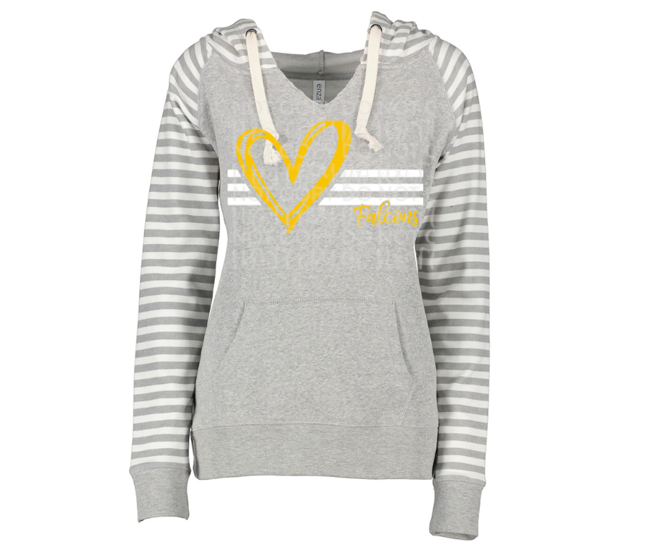 Falcons yellow heart white lines Striped Sleeves Hoodie Top Options Ogemaw Falcons 2025