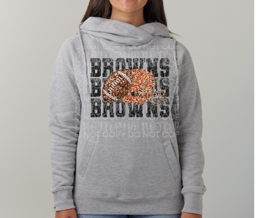 Ogemaw Browns 2025 Stacked Faux Glitter Browns Football Helmet Cowl Neck Top Options