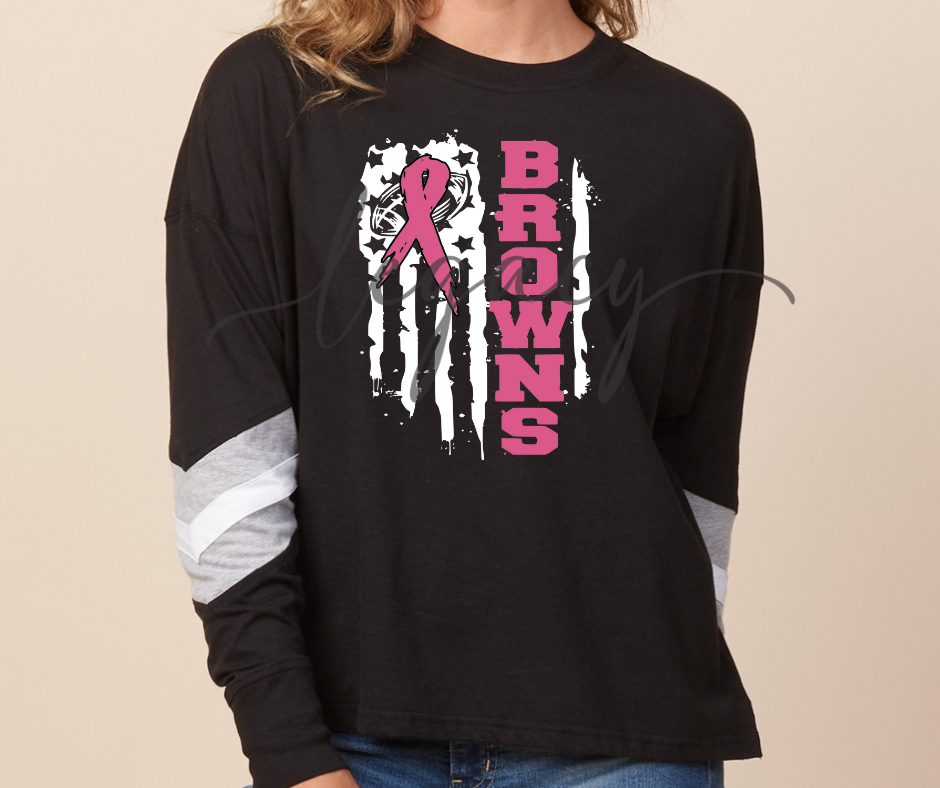 Football Flag Pink Out Football Drip Long Sleeve Varsity Style Top Ogemaw Browns Falcon Football 2025