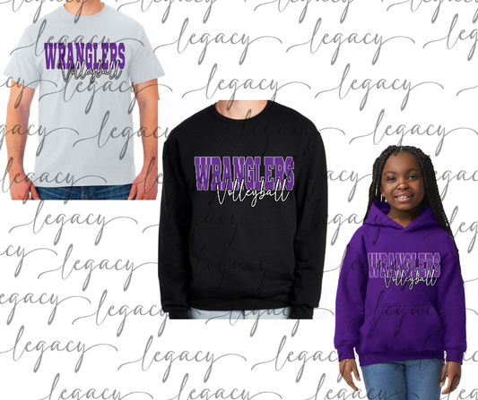 Wranglers Volleyball cursive Wranglers 2025 Cotton/Poly Blend Multi Color Top Options