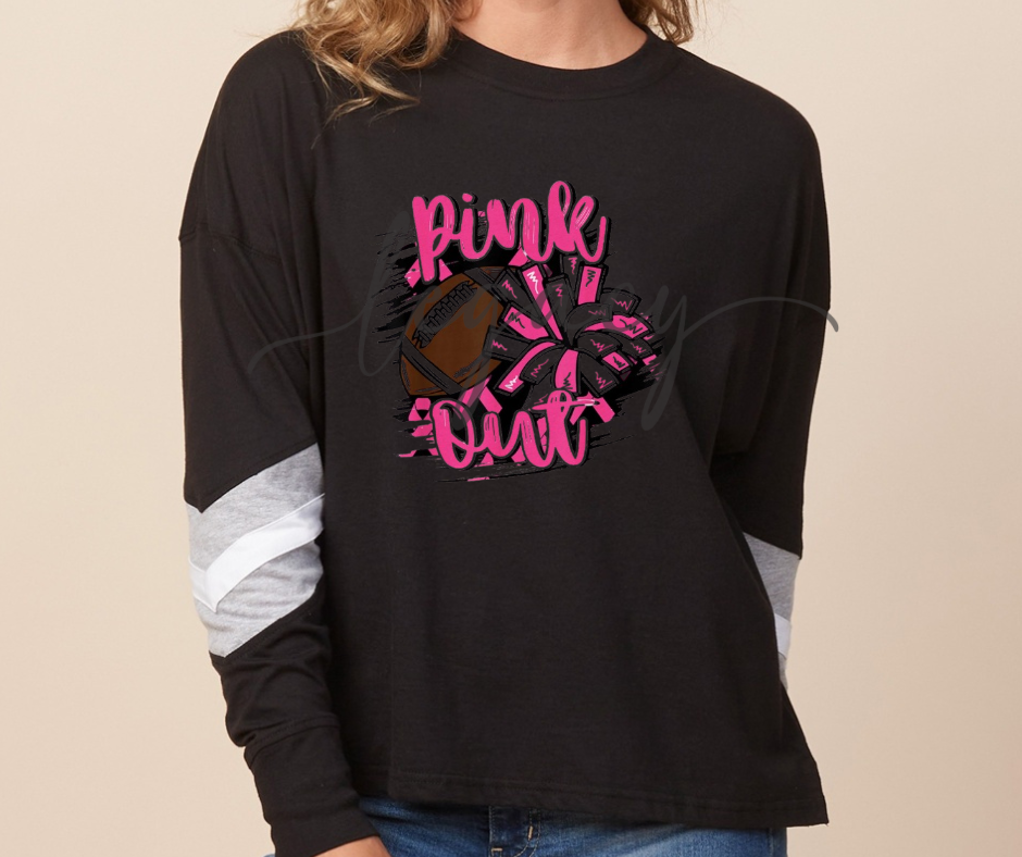Football & Pom Pink Out Football Drip Long Sleeve Varsity Style Top Ogemaw Browns Falcon Football 2025