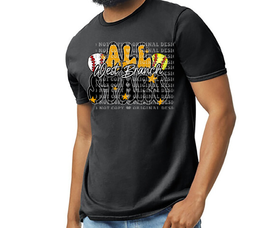 West Branch Allstars 2025 BASEBALL & SOFTBALL Black Gold Grey Top Options
