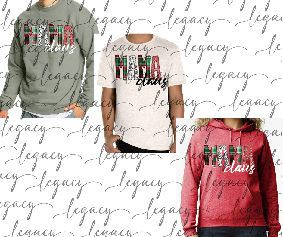 Mama Claus Cotton/Poly Blend Multi Color Top Options Holiday Magic Red Green Cream Grey Black