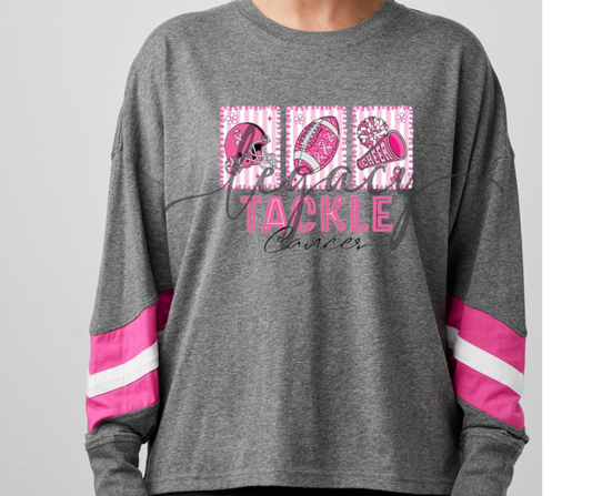 Tackle Cancer Pink Out Football Long Sleeve Varsity Style Top Ogemaw Browns Falcon Football 2025