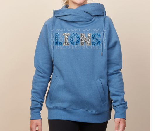 Lions Football Faux Glitter Word Cowl Neck Top Options One Pride