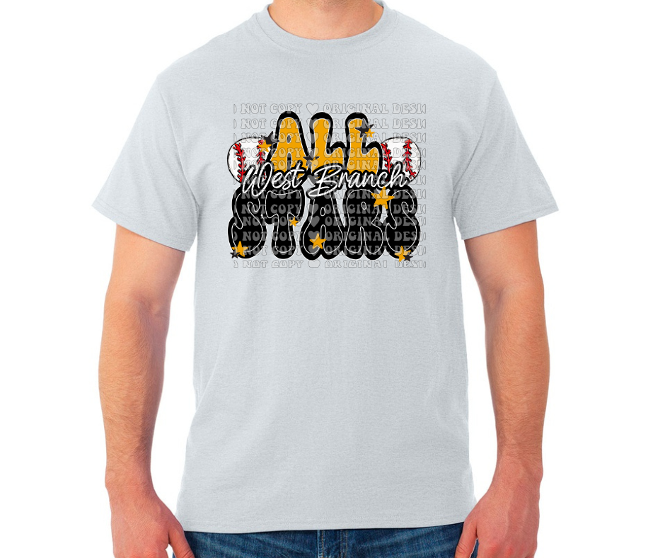 West Branch Allstars 2025 BASEBALL Black Gold Grey Top Options