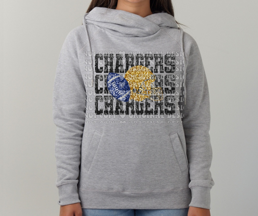 Chargers Stacked Faux Glitter Football Cowl Neck Top Options Mio Chargers 2025