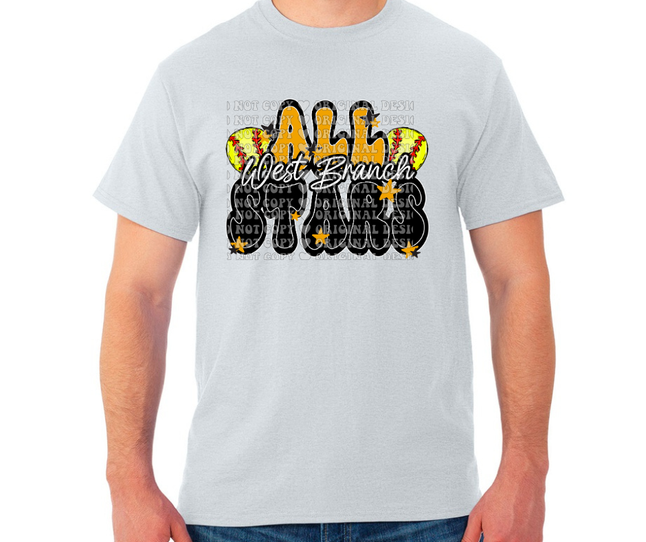 West Branch Allstars 2025 SOFTBALL Black Gold Grey Top Options