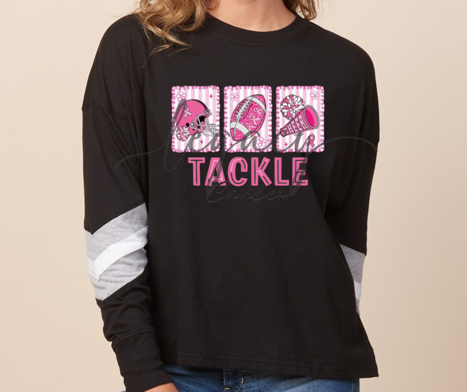 Tackle Cancer Pink Out Football Long Sleeve Varsity Style Top Ogemaw Browns Falcon Football 2025