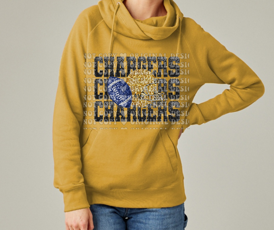 Chargers Stacked Faux Glitter Football Cowl Neck Top Options Mio Chargers 2025