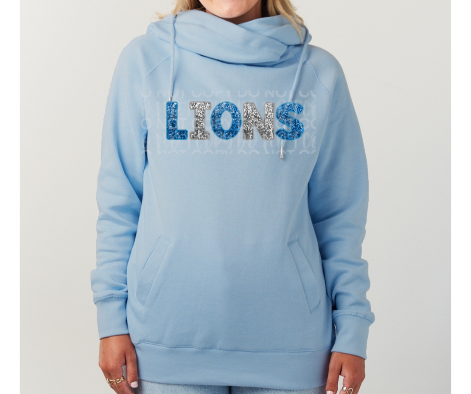 Lions Football Faux Glitter Word Cowl Neck Top Options One Pride