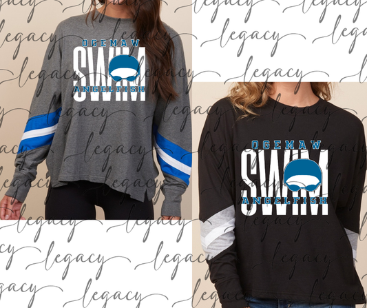 Angelfish Swim 2025 Varsity Sleeve Women's Boxy Top Angelfish Swim Goggles