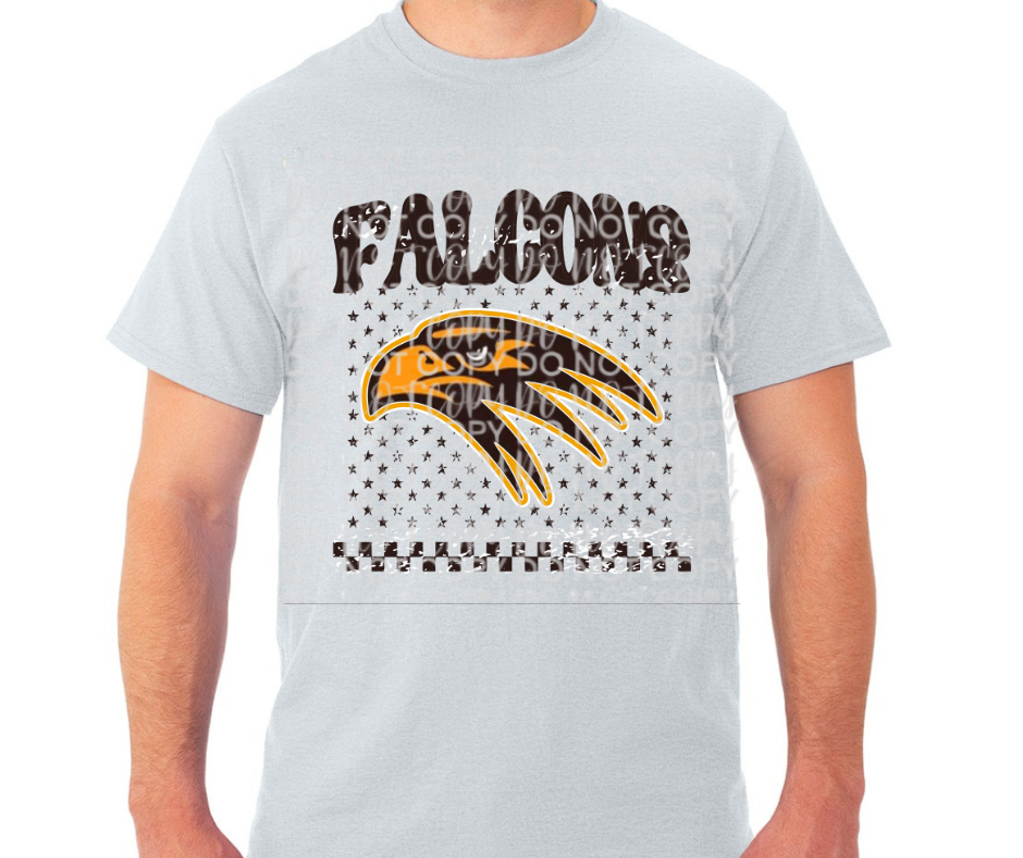 Ogemaw Falcons 2025 Distressed Falcons Stars Logo Cotton/Poly Blend Top Options