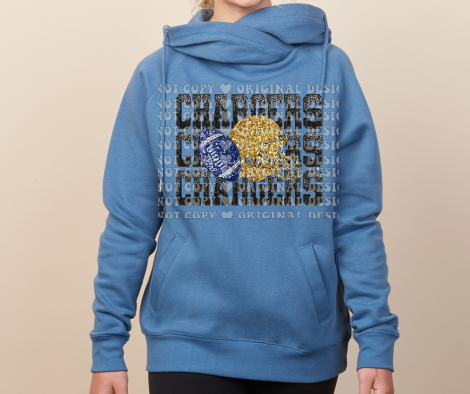 Chargers Stacked Faux Glitter Football Cowl Neck Top Options Mio Chargers 2025